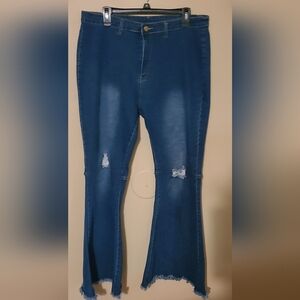 Blue Distressed Women Stretch Jeans Flare Bell Bottoms Size XXL
